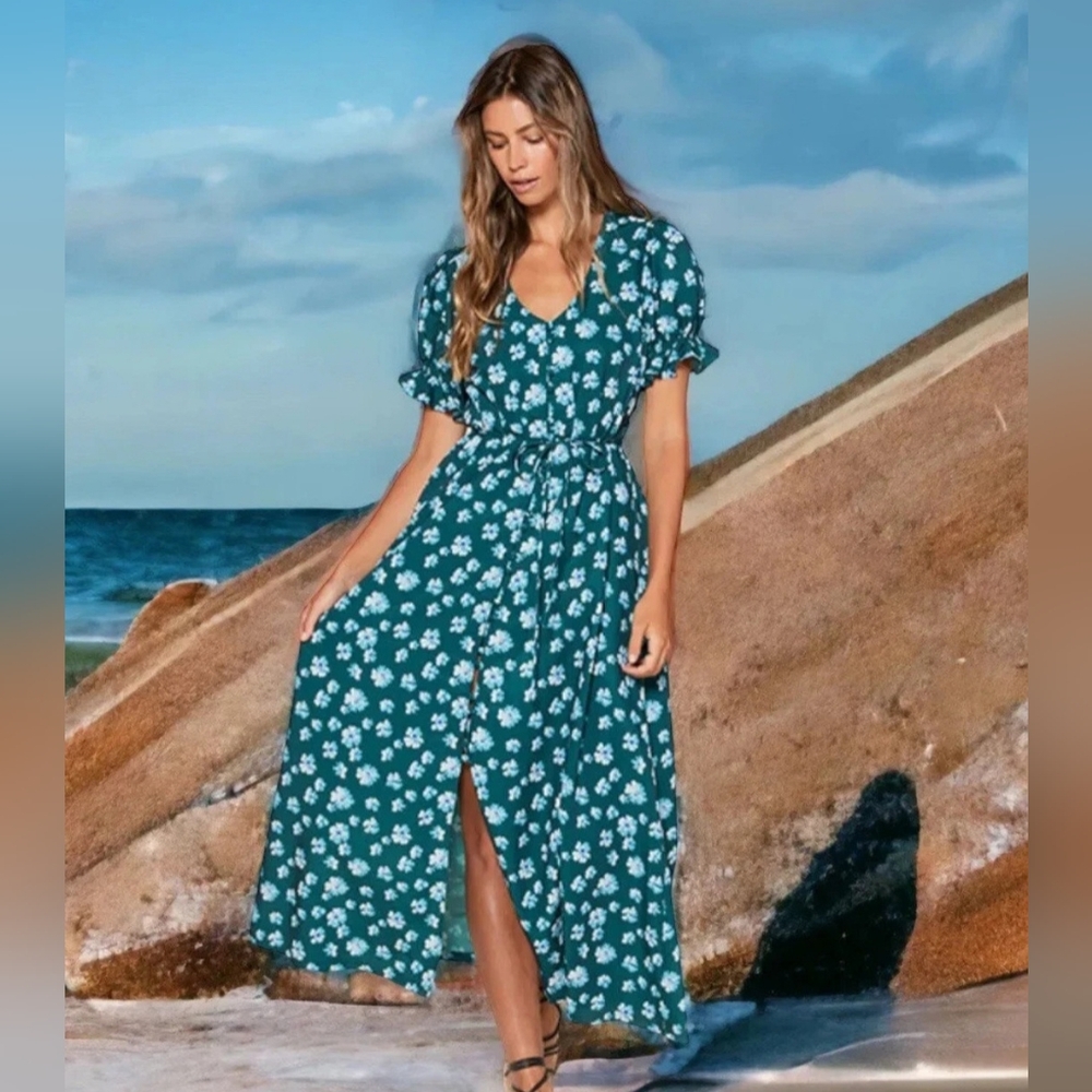 Outerknown XS Kira Riviera Esalen Bloom Floral Puffed Sleeve Maxi Dress, NWT